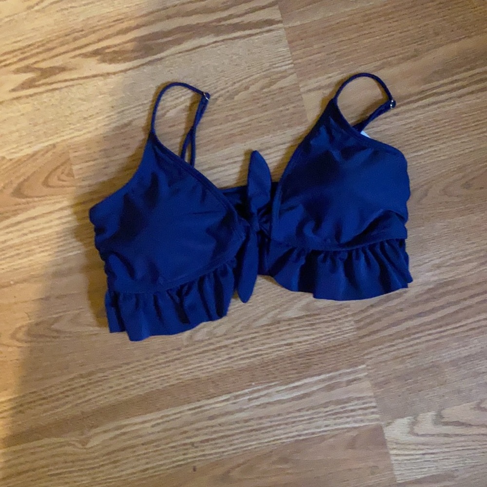 BNWT navy swimwear tie-front flounce triangle JR L - Picture 2 of 5